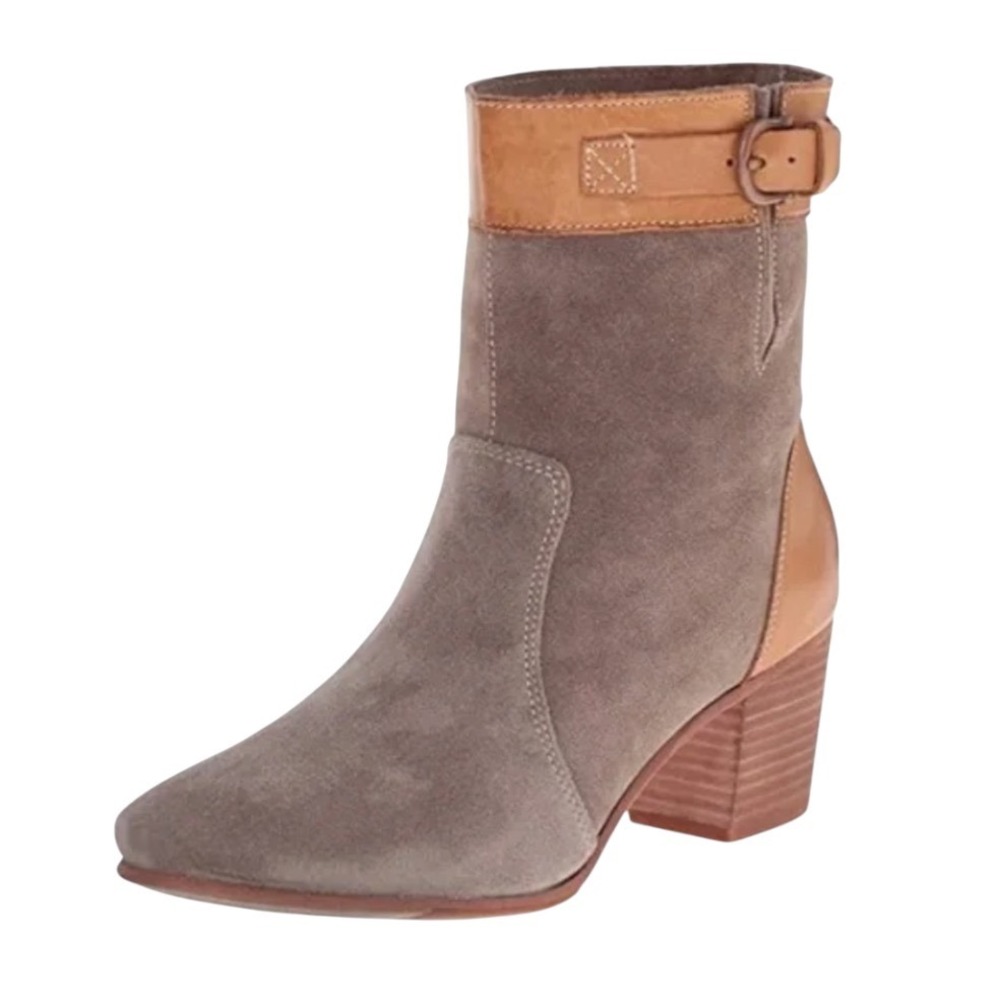 SEBAGO NELL ANKLE BOOTS Taupe Suede & Tan Leather SIDE BUCKLE STRAP sz 6.5 M